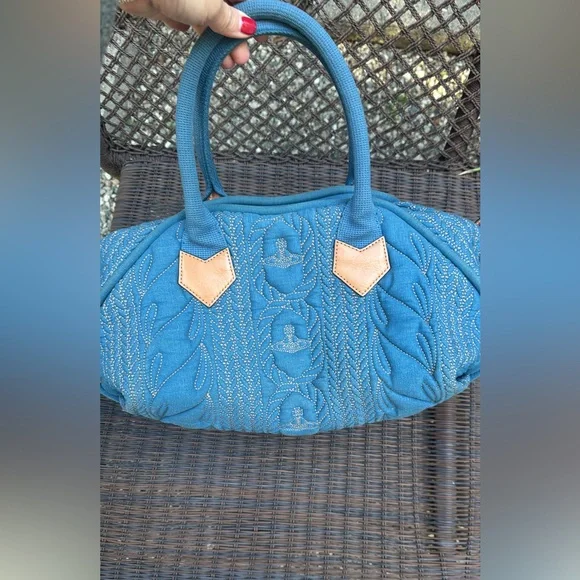 SOLD LIVE! Rare Vivienne Westwood Blue Quilted Satchel wTan Leather Accents - Picture 3 of 14